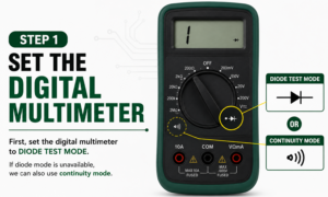 Digital multimeter set to diode test mode for transistor testing.