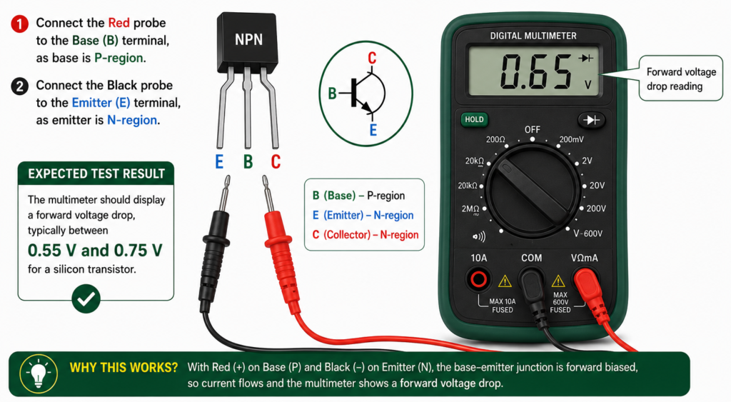 Testing the base-emitter junction of an NPN transistor in forward bias