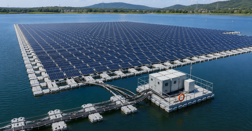 Floating solar power plant installed on a reservoir with photovoltaic panels mounted on floating platforms for renewable energy generation.
