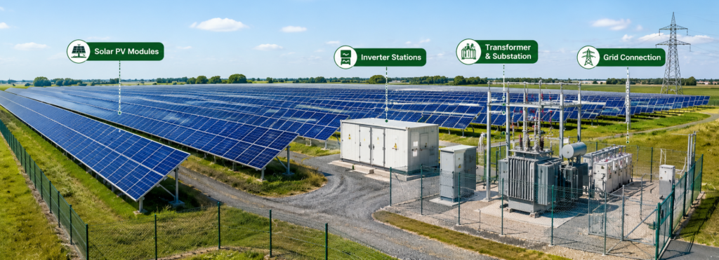 Ground-mounted solar power plant with rows of photovoltaic panels installed on open land for large-scale solar electricity generation.
