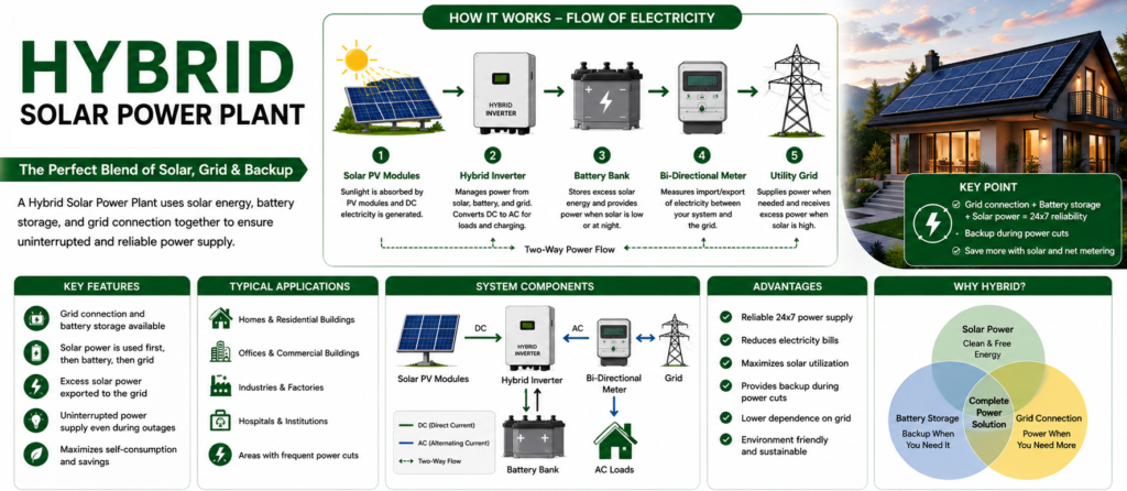 Hybrid solar power plant combining solar PV panels, battery storage system, and utility grid connection for uninterrupted power supply.