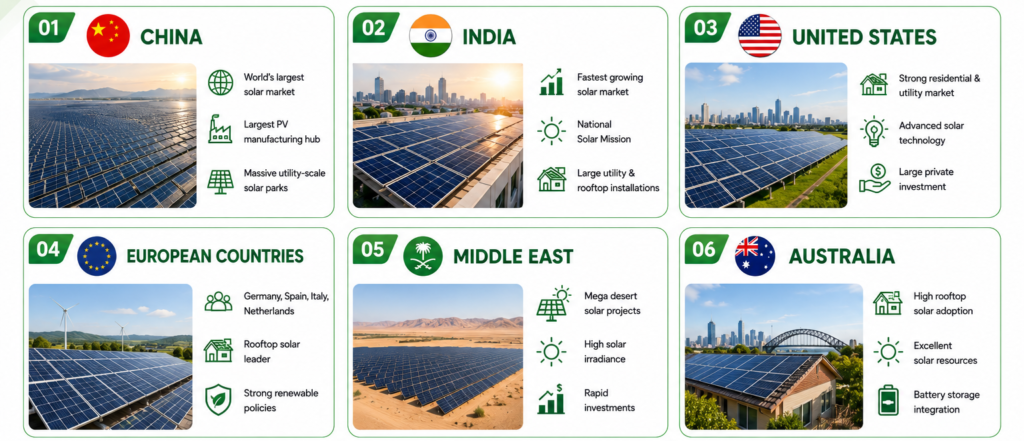 Leading solar energy markets including China, India, United States, Europe, Middle East, and Australia
