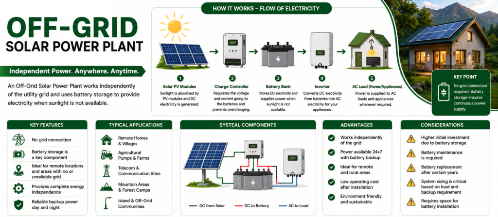 Off-grid solar power system with photovoltaic panels, battery energy storage, and inverter supplying electricity in a remote location.