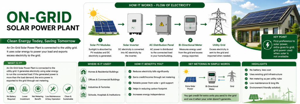 On-grid solar power plant connected to the utility grid with rooftop solar panels and grid-tied inverter for clean electricity generation.