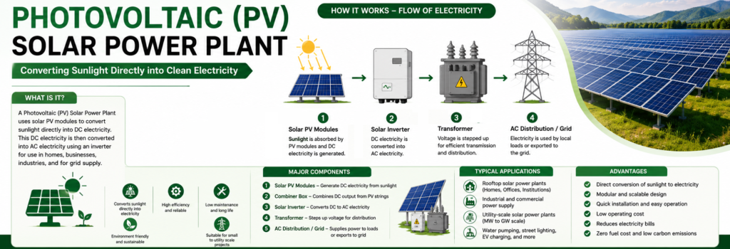 Photovoltaic (PV) solar power plant with solar panels converting sunlight into electricity in a modern renewable energy installation.