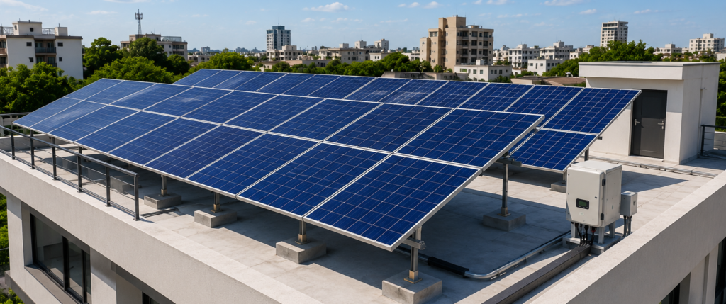 Residential rooftop solar power plant installed on a house roof with photovoltaic panels generating renewable electricity for home use.