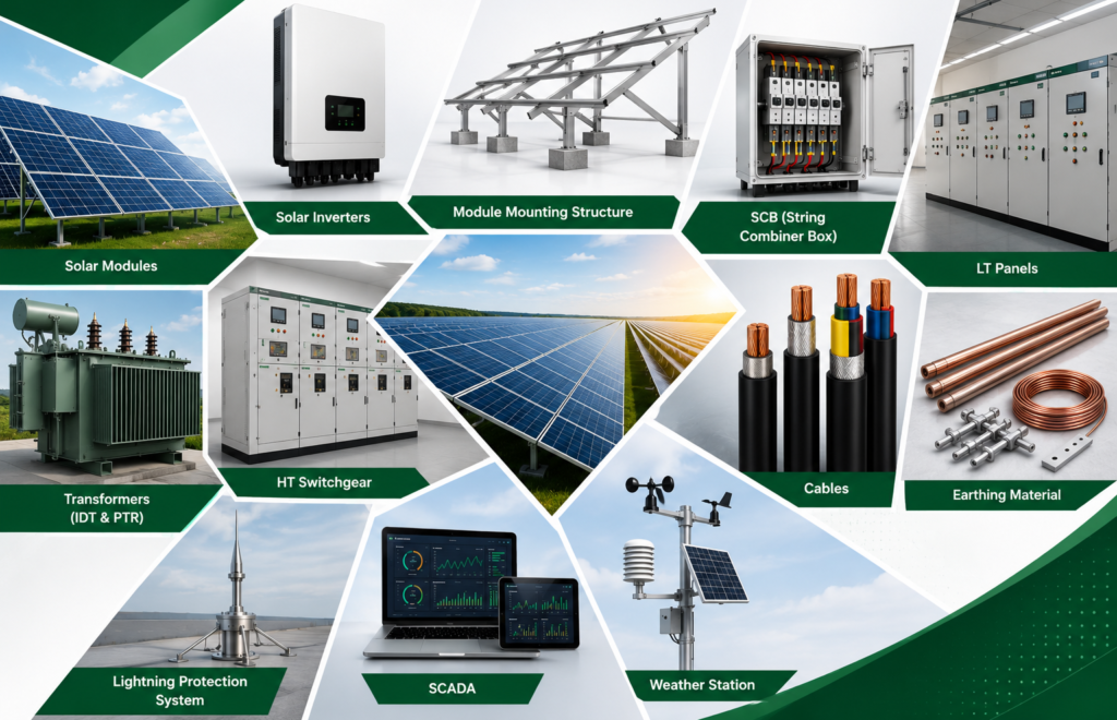 Major equipment used in a solar power plant including solar modules, inverters, string combiner boxes, transformers, HT switchgear, cables, SCADA system and weather monitoring station