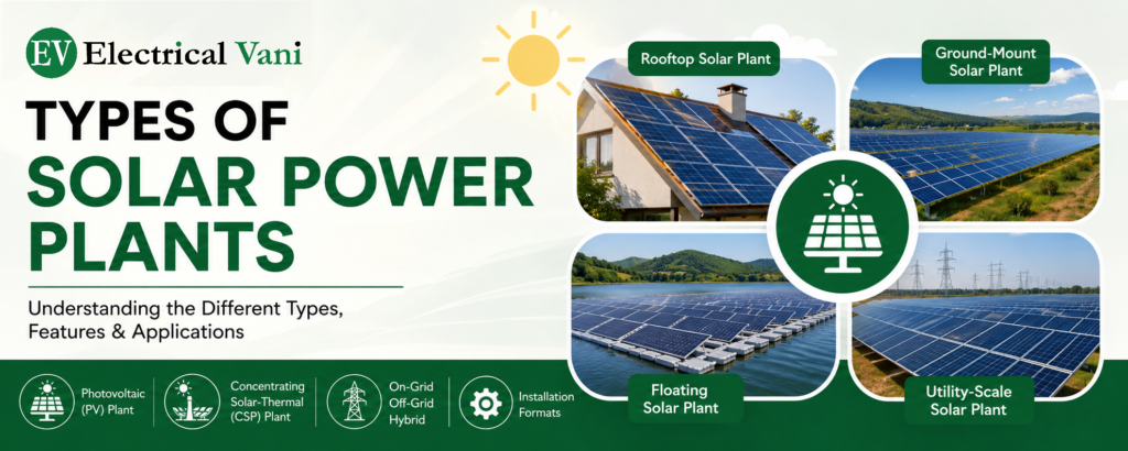 different types of solar power plants including photovoltaic (PV), concentrating solar power (CSP), on-grid, off-grid, hybrid, rooftop, ground-mounted, utility-scale, and floating solar systems.