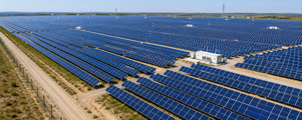 Utility-scale solar power plant featuring thousands of photovoltaic panels across a large solar farm supplying electricity to the power grid.