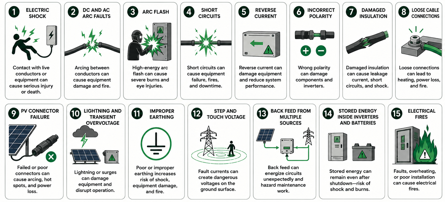 Common electrical hazards in solar power plants including shock, arc flash and short circuit