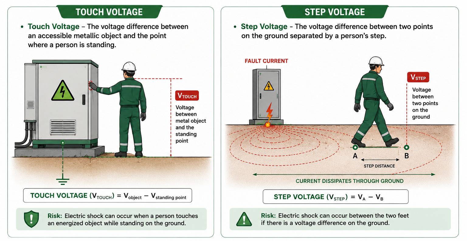 Touch voltage and step voltage hazards in a solar power plant